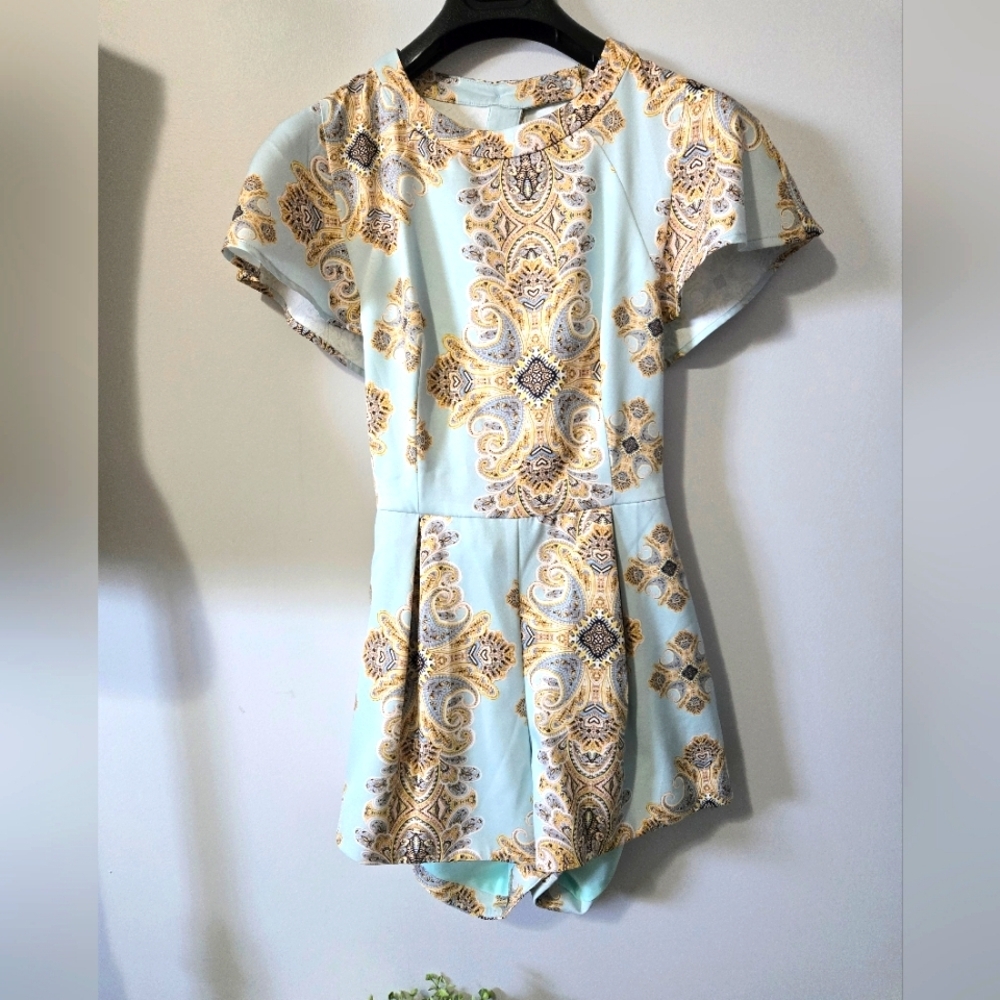 Pink Stitch Blue and Gold Patterned Romper. Shorts Jumpsuit. Size 6